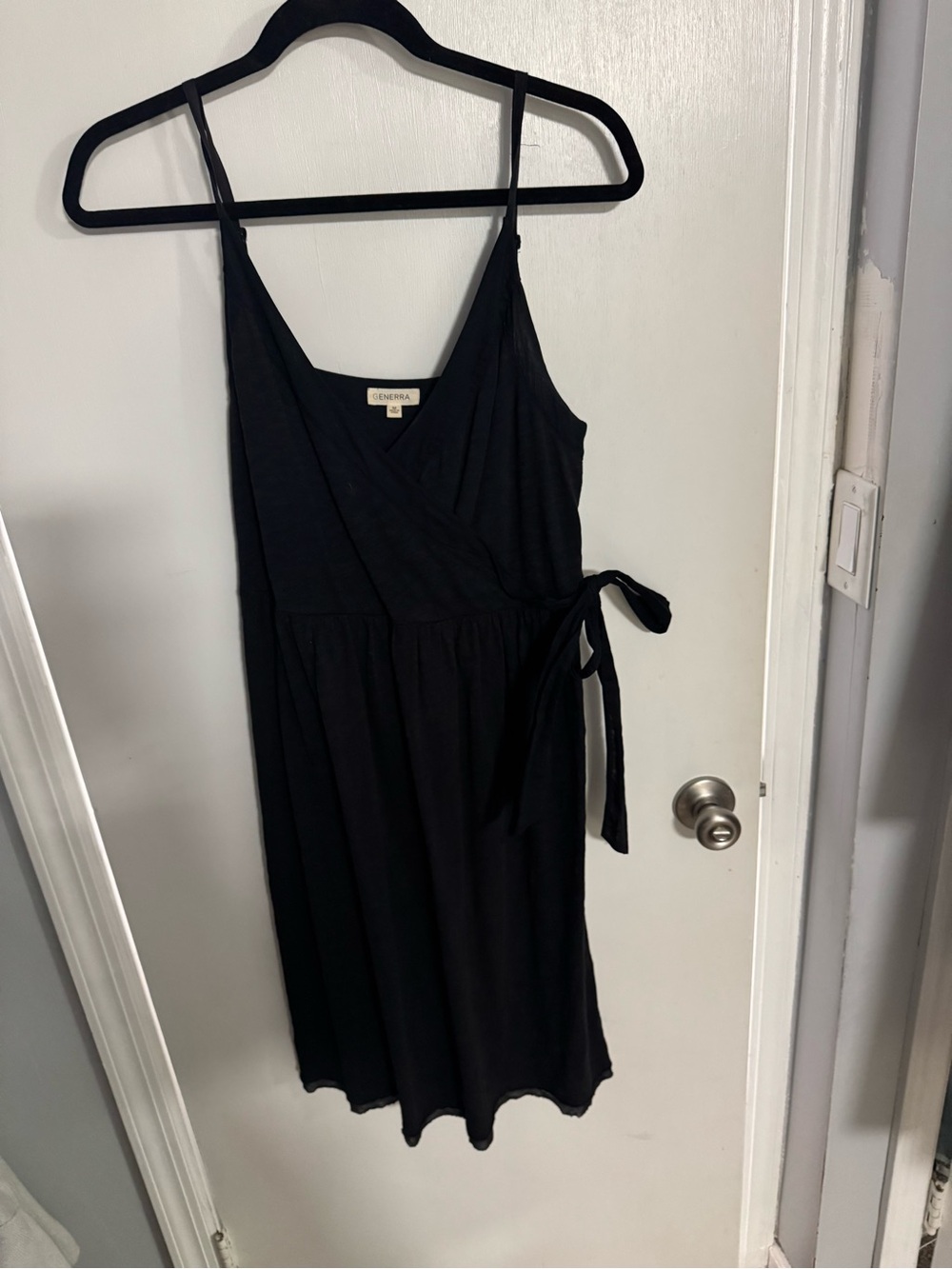 GENERRA Black Wrap-Style Midi Dress with Side Tie and Spaghetti Straps